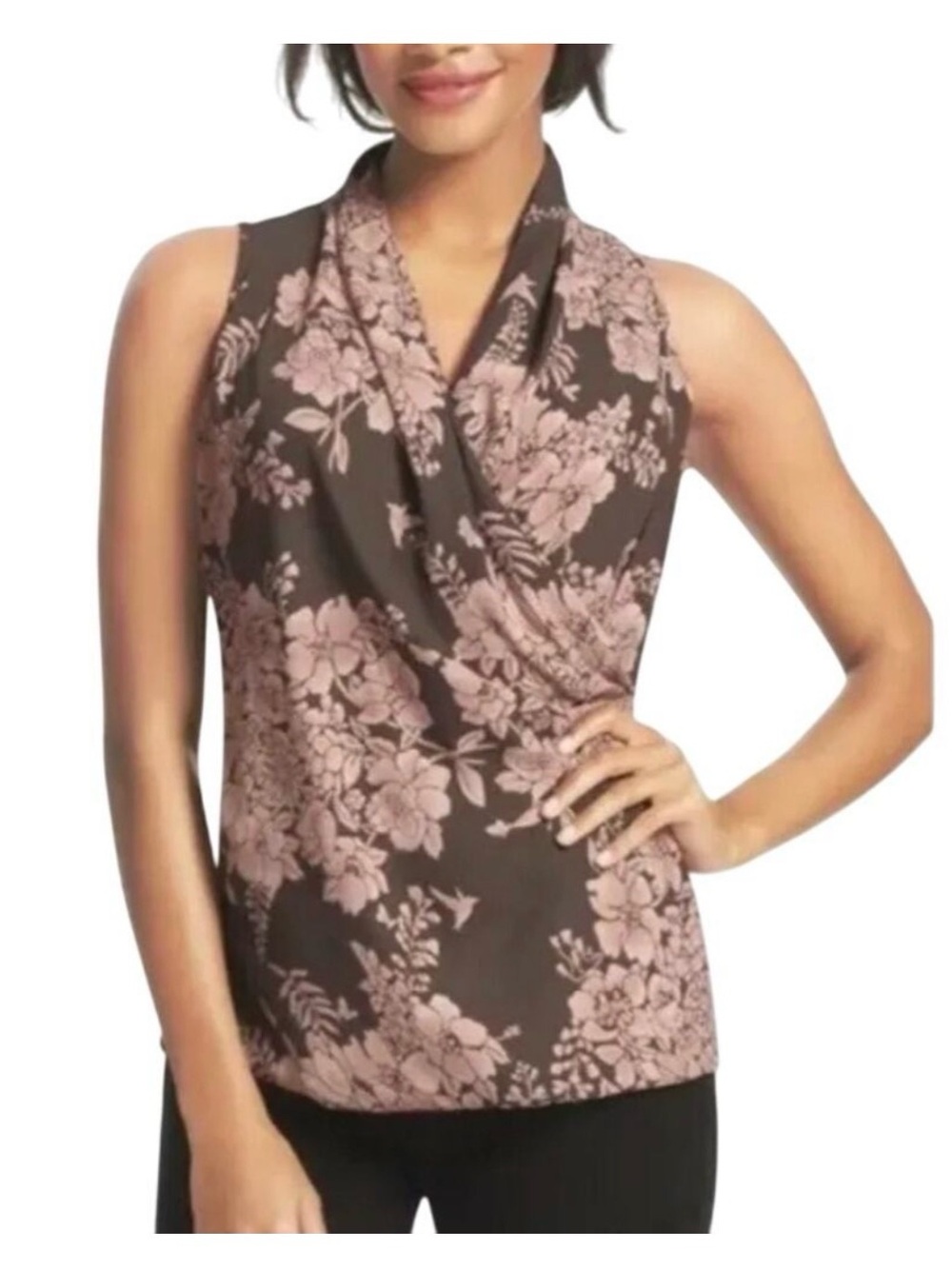 CAbi Brown Floral Drape Neck Sleeveless Shirt with Pink Print